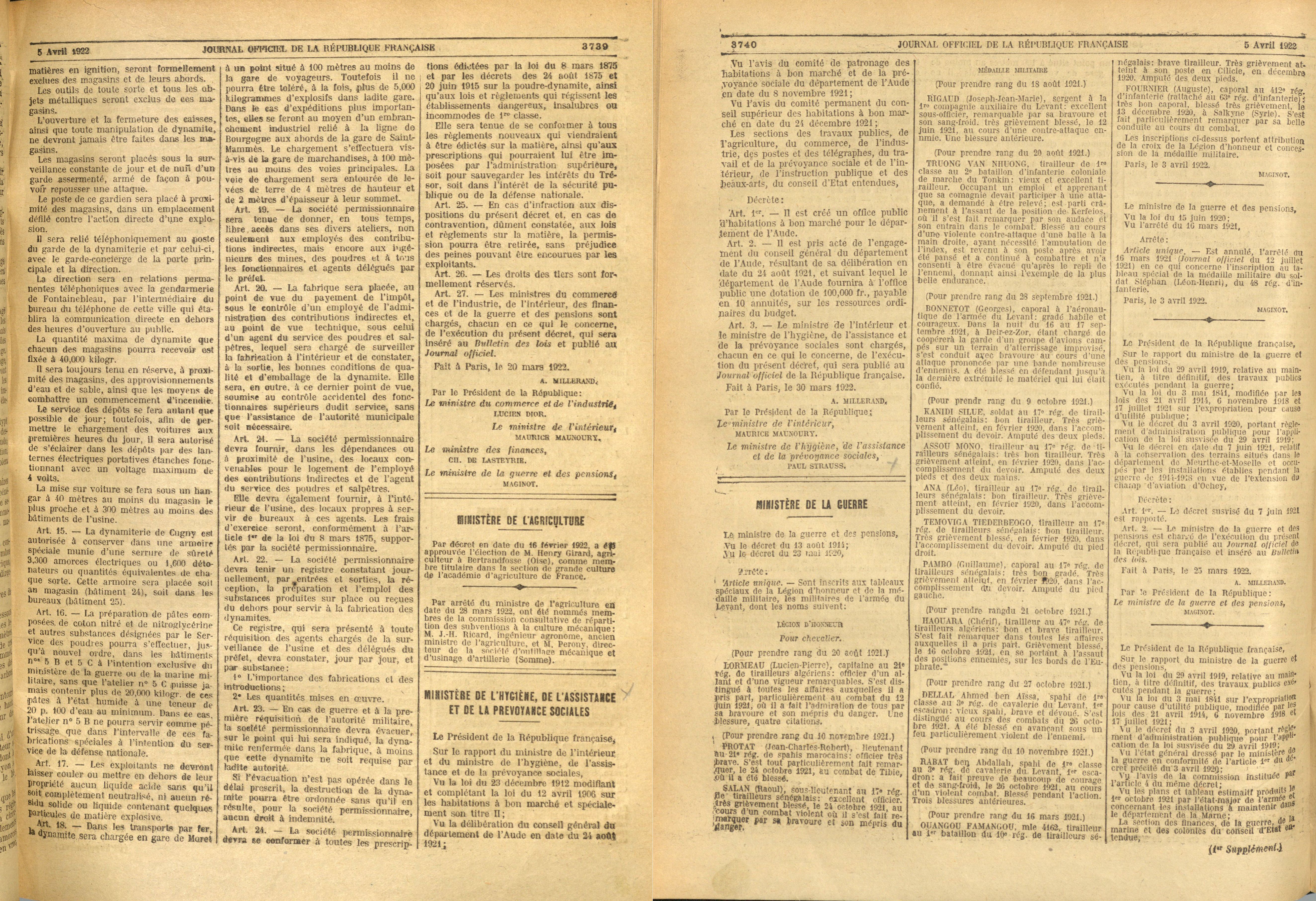 extrait du journal officiel du 5 avril 1922 incluant le décret signé du président de la république officialisant la création de notre office